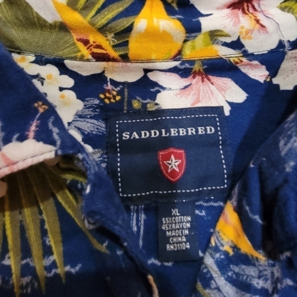 SADDLEBRED Blue Hawaiian Aloha Shirt Wahine Hula Hibiscus Sz XL Floral T14 - Picture 4 of 7